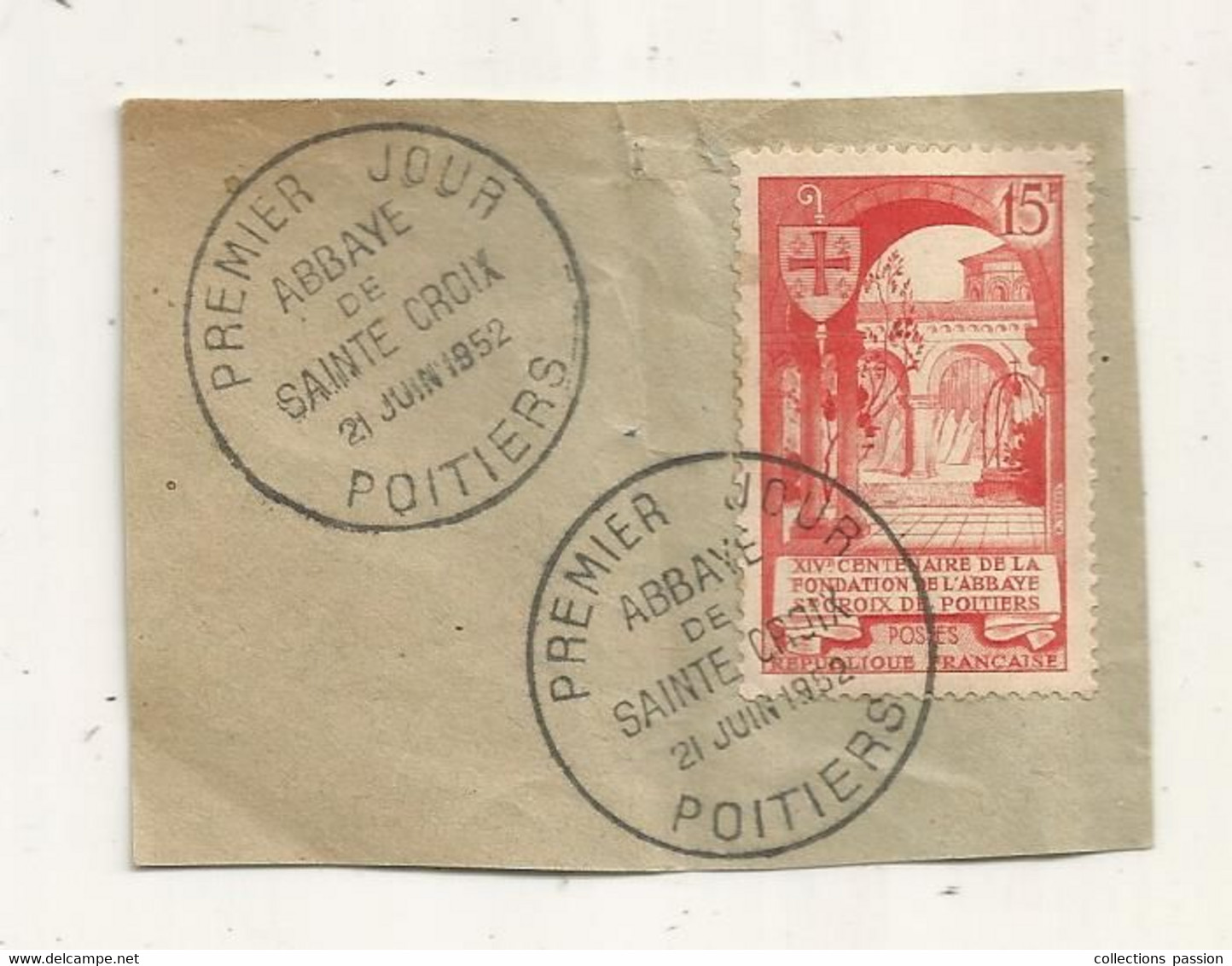 FDC, Premier Jour, FRANCE , POITIERS ,  21 Juin1952,  ABBAYE DE SAINTE CROIX - 1950-1959