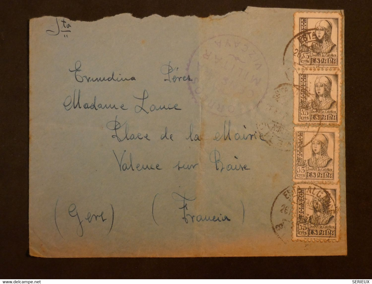 BL2 ESPANA  BELLE LETTRE  CENSUREE MILITAR 1931 A VALENCE  FRANCIA+  +AFFRANCH. INTERESSANT++ - Marques De Censures Nationalistes