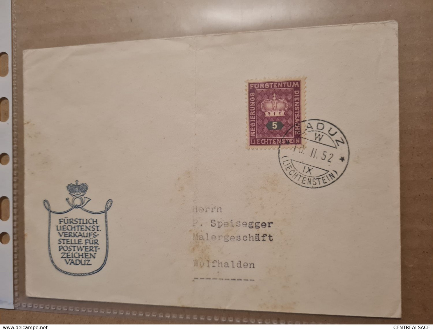 Lettre 1952 Lichtenstein VADUZ POUR WOLFHALDEN ENSEIGNE - Storia Postale