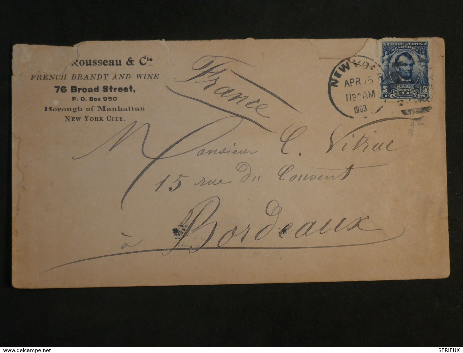 BL2 ETATS UNIS  BELLE LETTRE  1903 NEW YORK  A   BORDEAUX FRANCE   +AFFRANCH. INTERESSANT++ - Lettres & Documents