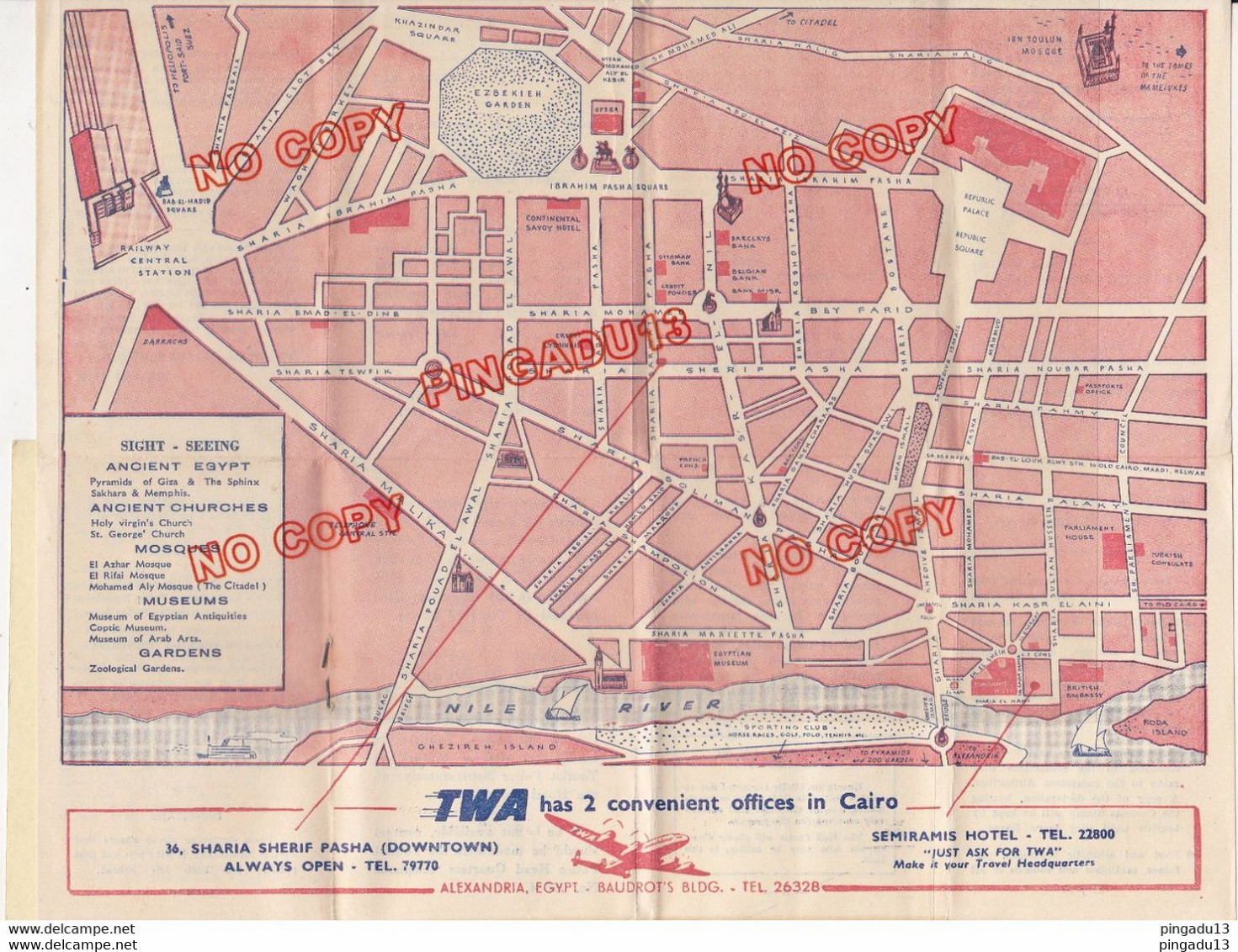 Au Plus Rapide Egypte Le Caire Hôtel Semiramis Plan Ville Publicité Avion Aviation TWA Années 50 - Mondo