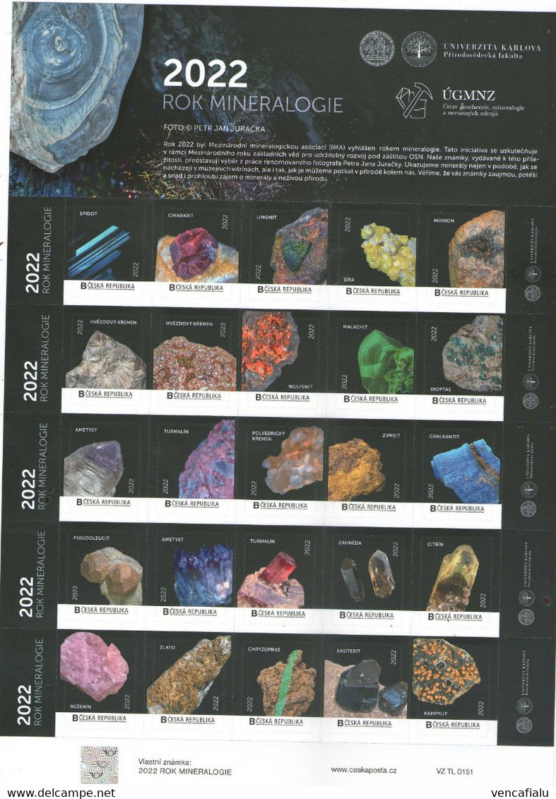 Czech Republic 2022 - Minerals, , 25 Personalised Self-adhesive Stamps, MS, MNH - Minéraux