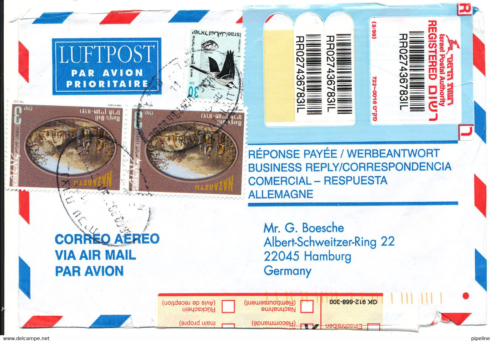 Israel Registered Air Mail Cover Sent To Germany 6-9-1999 - Aéreo