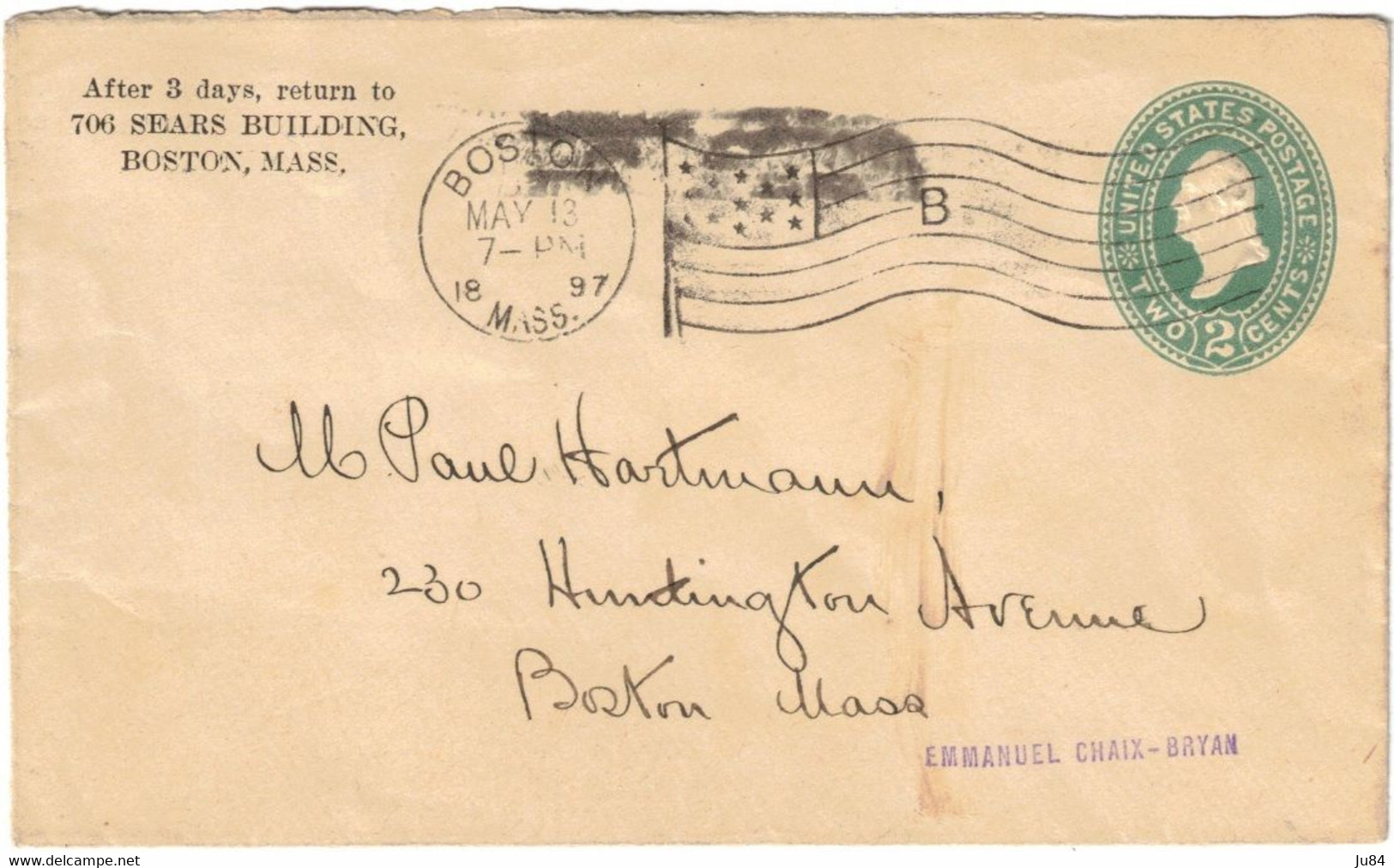 USA - États-Unis - Massachussetts - Boston - Entier Postal - Flamme Drapeau Américain - Lettre Pour Boston - 1897 - ...-1900