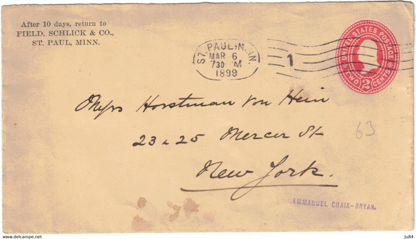 USA - États-Unis - Minnesota - St. Paul - 2 Cents Red - Entier Postal - Lettre Pour New York - 6 Mars 1899 - ...-1900