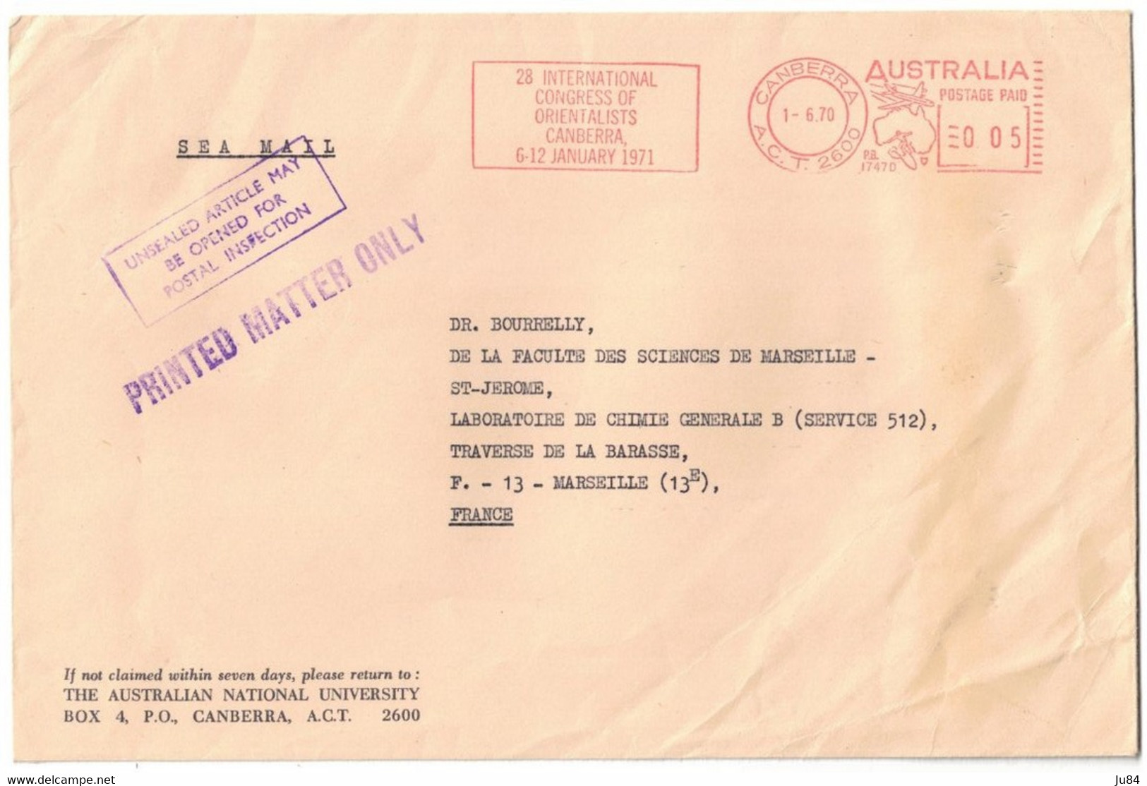 Australie - Australia - Canberra - Affranchissement EMA - Sea Mail - Lettre Par Voie Maritime - University - 1970 - Brieven En Documenten
