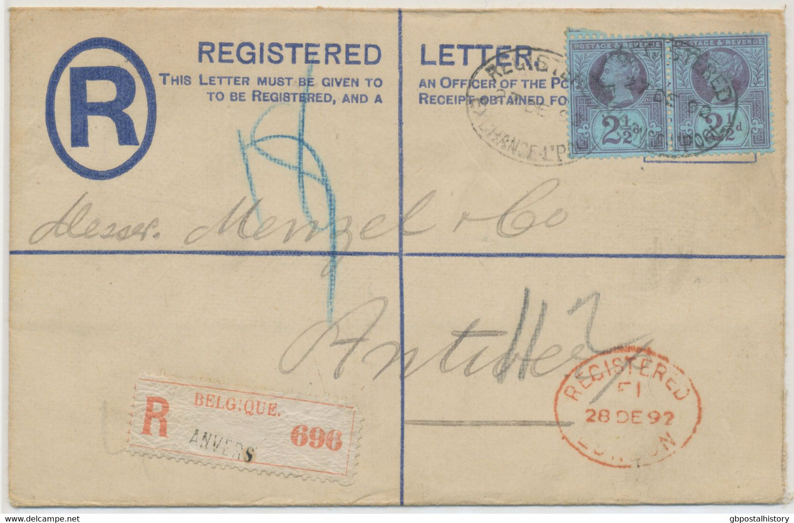 GB 1892 QV 2d Postal Stationery Registered Env Uprated W. Jubilee 2½d (pair) Tied By Oval "REGISTERED / EXCHANGE L'POOL - Briefe U. Dokumente