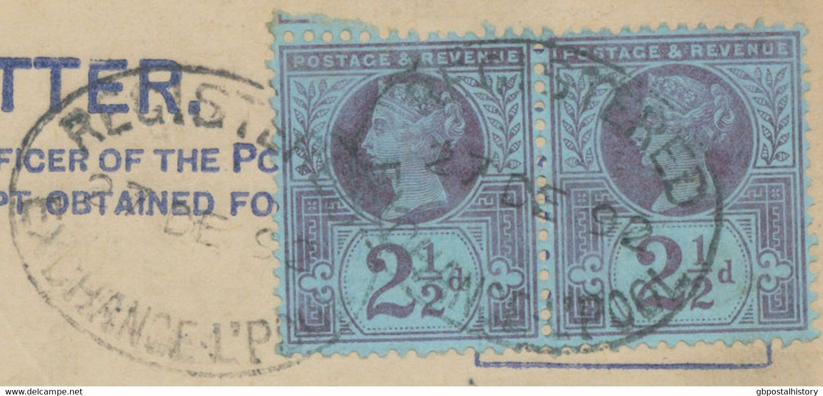 GB 1892 QV 2d Postal Stationery Registered Env Uprated W. Jubilee 2½d (pair) Tied By Oval "REGISTERED / EXCHANGE L'POOL - Brieven En Documenten