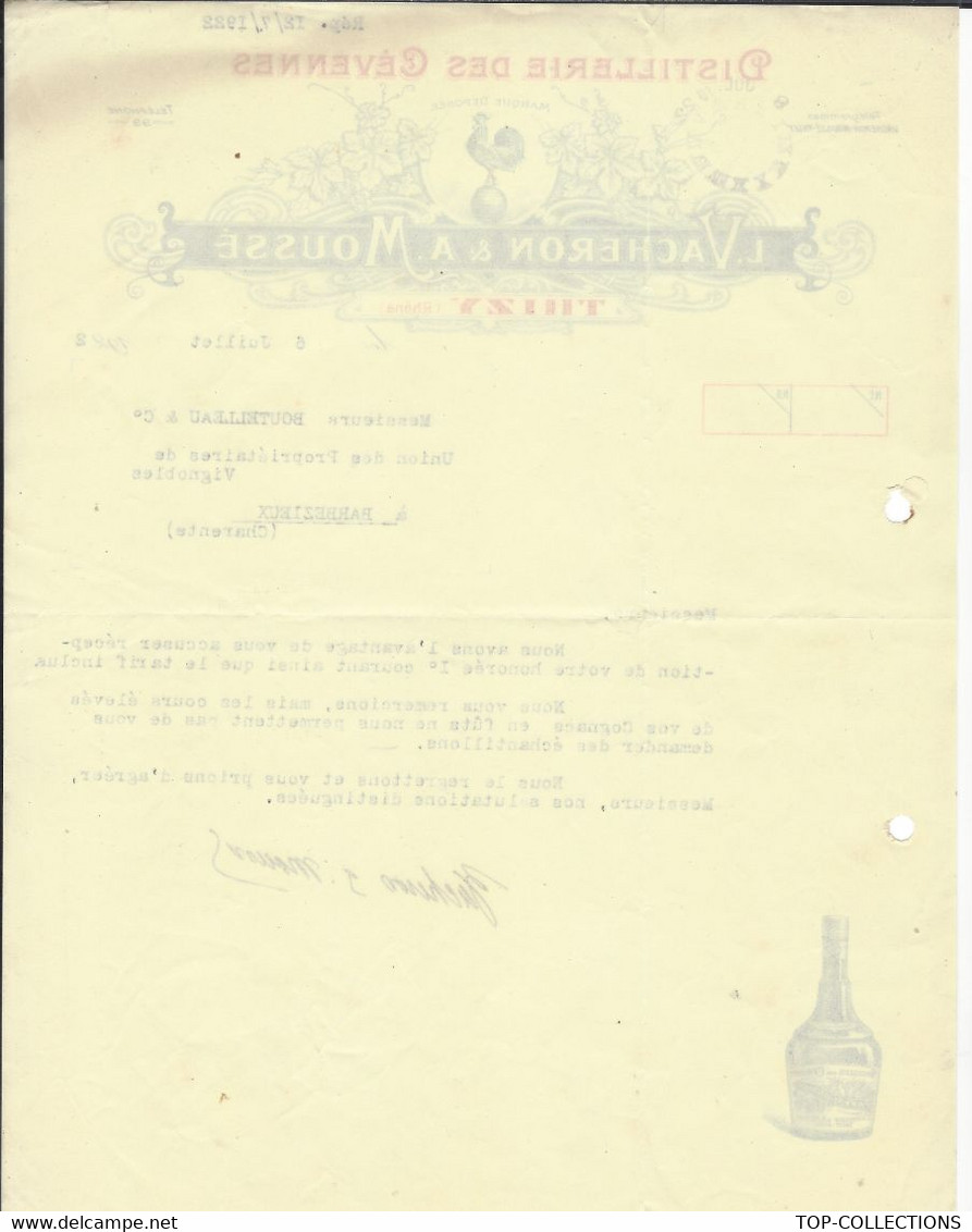 1922 SUPERBE ENTETE DISTILLERIE DES CEVENNES à Thizy Rhone Pour Boutelleau à Barbezieux B.E. - 1900 – 1949