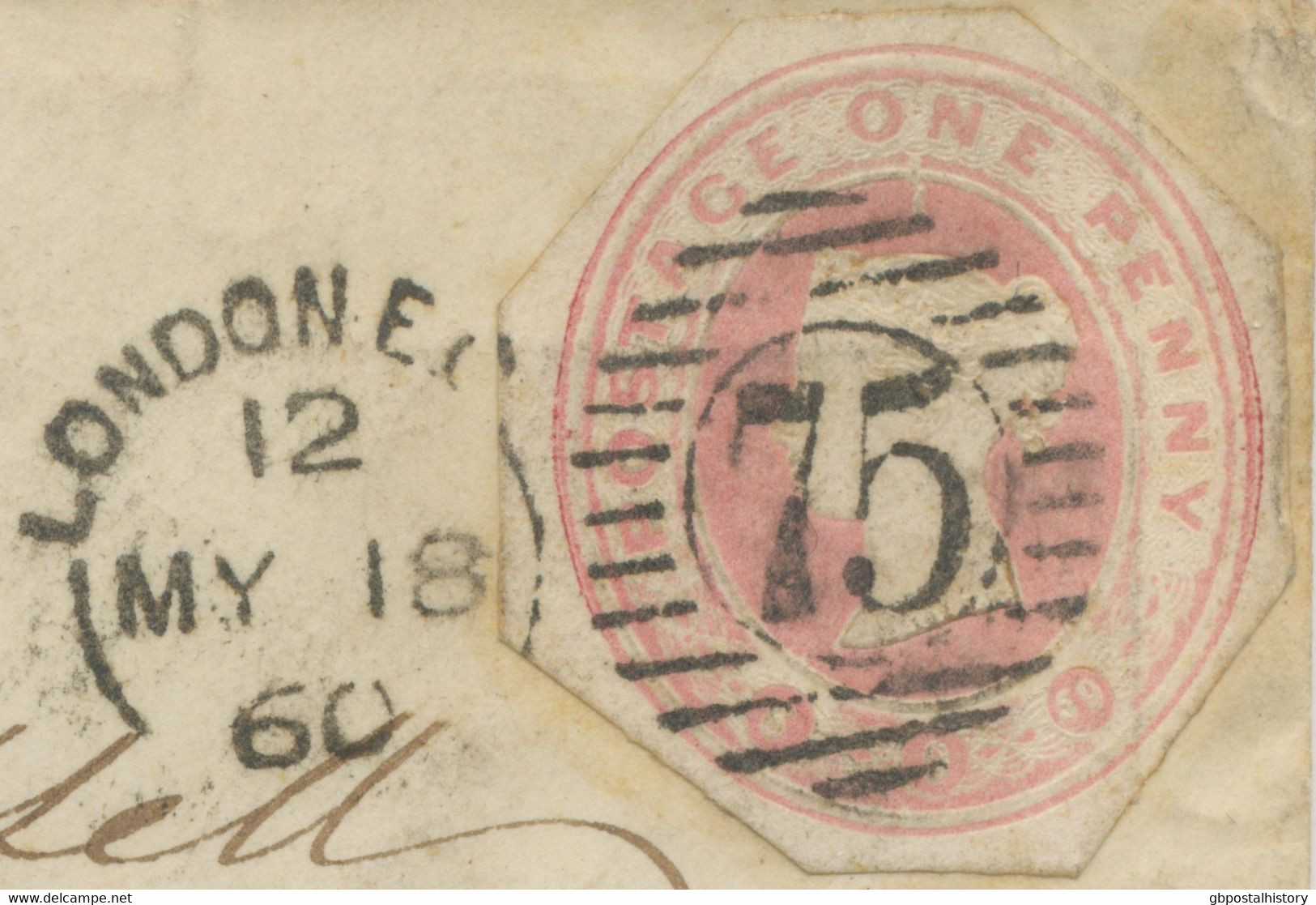 GB VERY EARLY USAGE OF POSTAL STATIONERY CUT OUT 18.5.1860 QV 1d Pink LONDON EC - Storia Postale