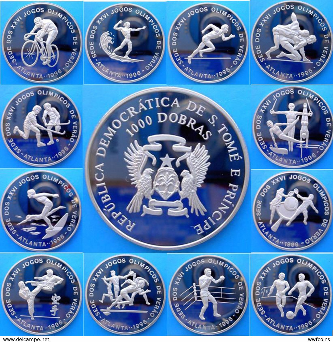 SAINT THOMAS & PRINCE 12X1000 D 1996 CU-NI PROOF BRUNITE VERY RARE ATLANTA OLYMPIC GAMES MINTAGE 1000PCS UNC. - Sao Tome Et Principe