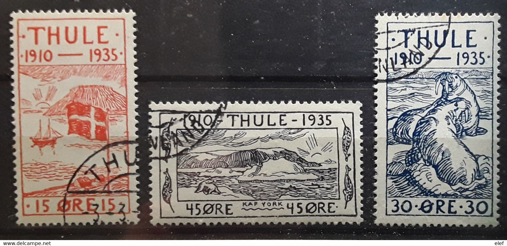 THULE Gronland Groenland Greenland , 1935, 3 Timbres Yvert No 2,4,5 Drapeau Flag ,WALRUS MORSE, Cap York  , Obl TB - Thule