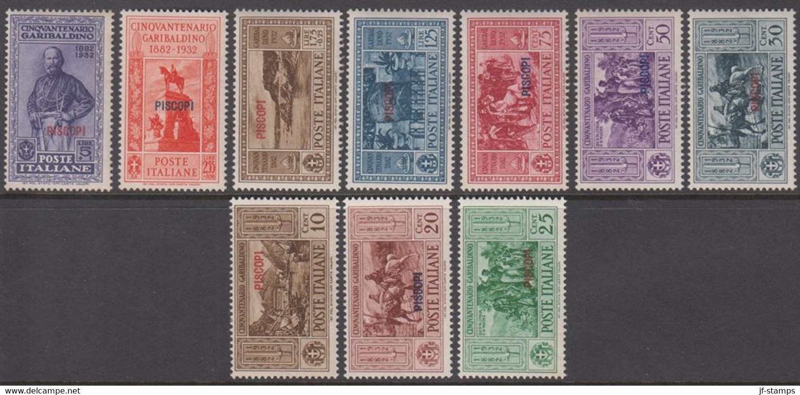 1932. Garibaldi. Complete Set With 10 Stamps. Overprinted PISCOPI.  (Michel 88-97 IX) - JF141037 - Egeo