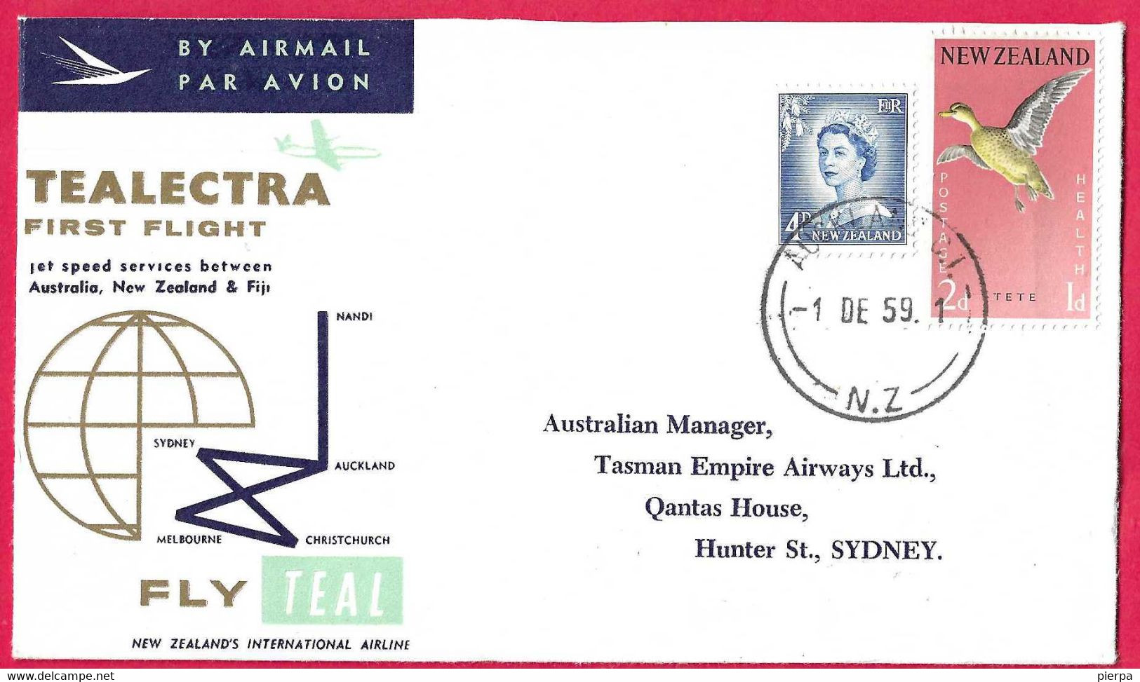 AUSTRALIA - FIRST FLIGHT TEALECTRA FROM AUCKLAND TO SIDNEY * 1.DE.59* ON OFFICIAL ENVELOPE - Primeros Vuelos