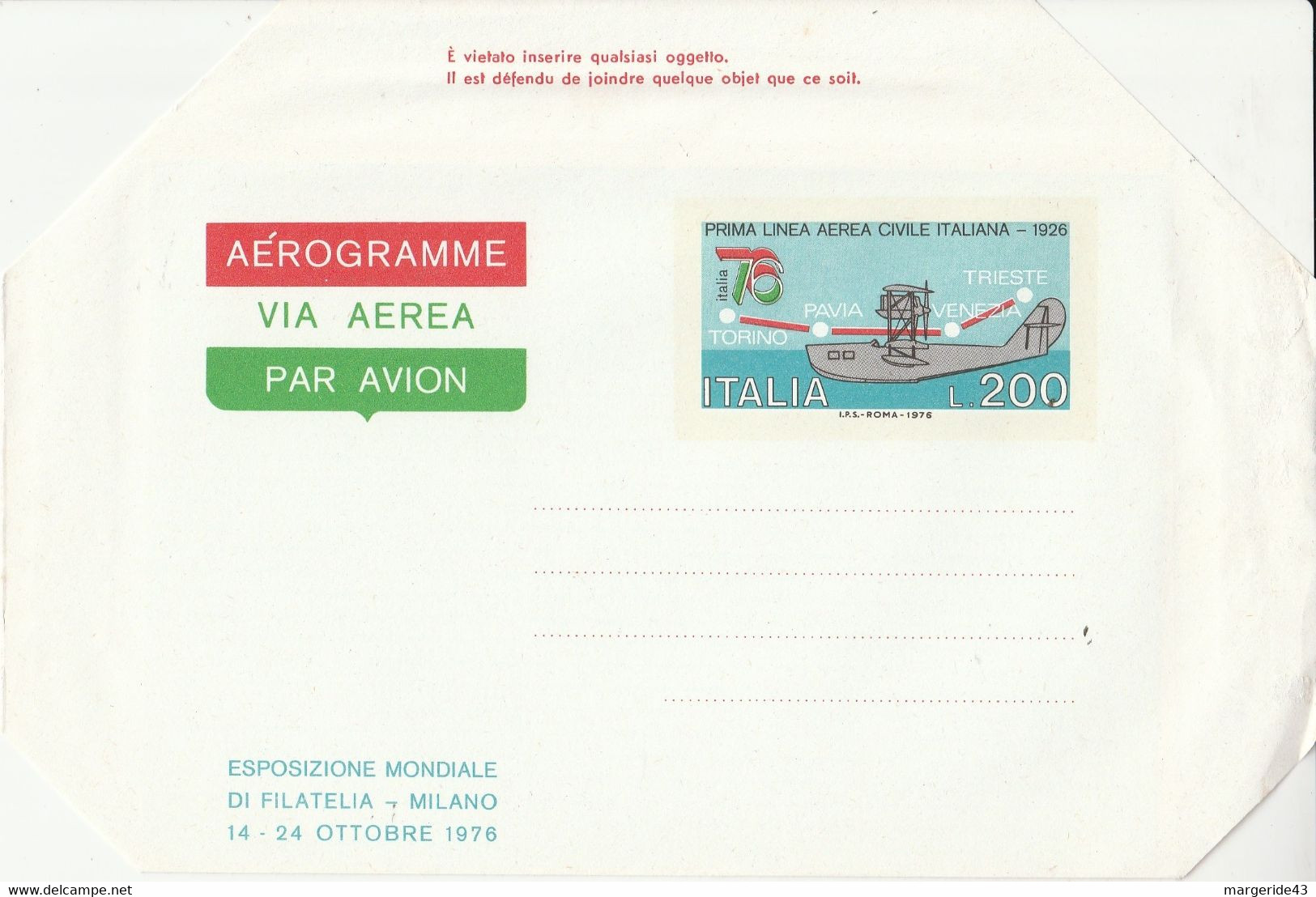 ITALIE AEROGRAMME 1 ERE LINE AERIENNE CIVILE NEUF 1976 - Entiers Postaux