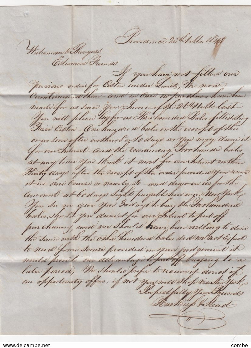 LETTER. 25 JAN 1848. PROVIDENCE. Mrs HARKNEFS & STEAD TO WARTEMAN & BURGESS. NEW OELEANS. POSTAGE 10          /  2 - …-1845 Vorphilatelie