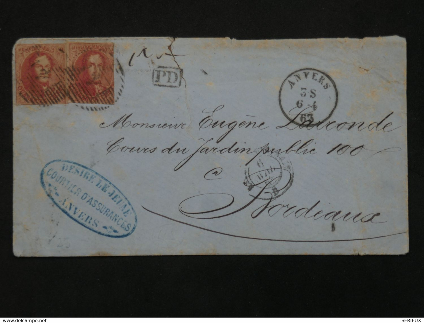 BL1 BELGIQUE  LETTRE EN PORT PAYé 1863 ANVERS A BORDEAUX   FRANCE + 2X  40C ROUGE NON DENTELé +AFFRANCH. INTERESSANT++ - 1849-1865 Medaillons (Varia)