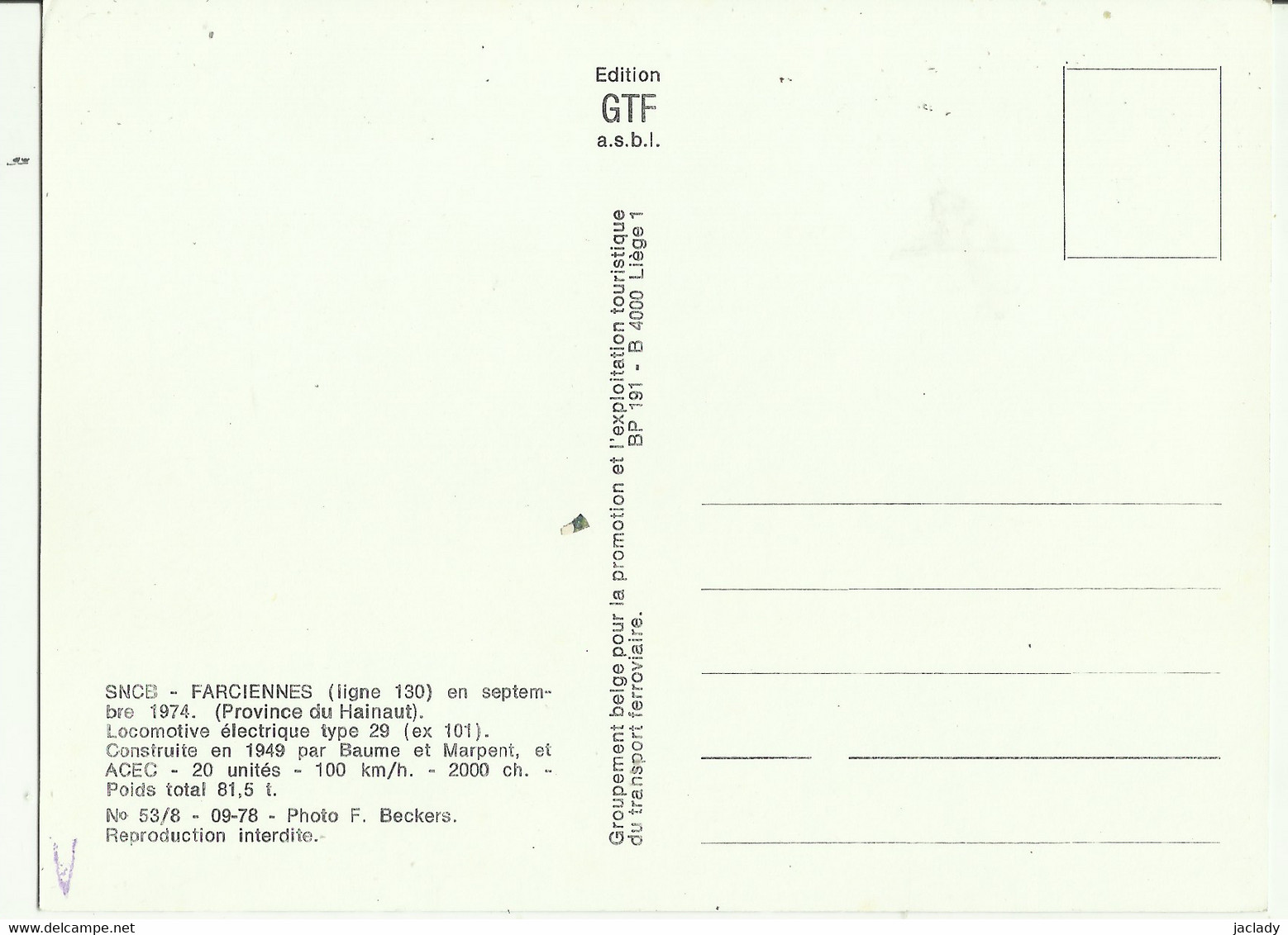 SNCB - Farciennes -- Ligne 130 - Locomotive électrique Type 29.   (2 Scans) - Farciennes