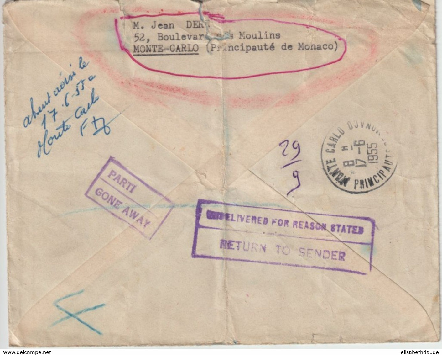 1955 - MONACO - SPECTACULAIRE ENVELOPPE RECOMMANDEE De MONTE CARLO => LONDON Avec RETOUR (CACHET RETOUR RAISON D'ETAT !) - Lettres & Documents