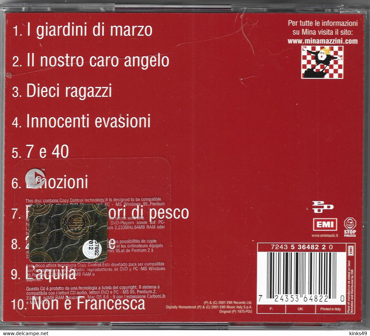 MINA : < Mina Canta Lucio > PDU / EMI / 2001 - Other - Italian Music