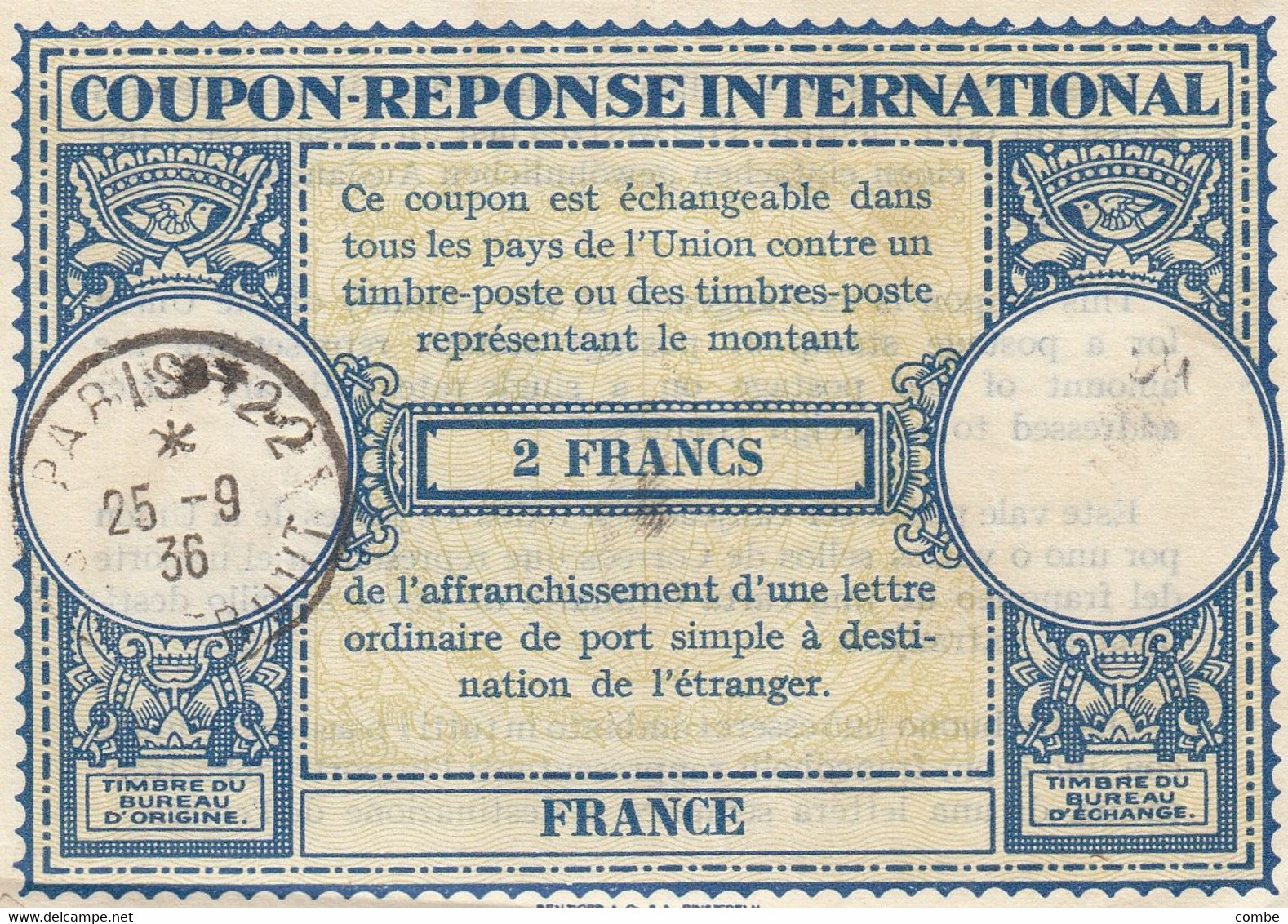 COUPON-REPONSE INTERNATIONAL. FRANCE. INTERNATIONAL REPLY. 2 FRANCS. PARIS 22 1936        /  2 - Coupons-réponse