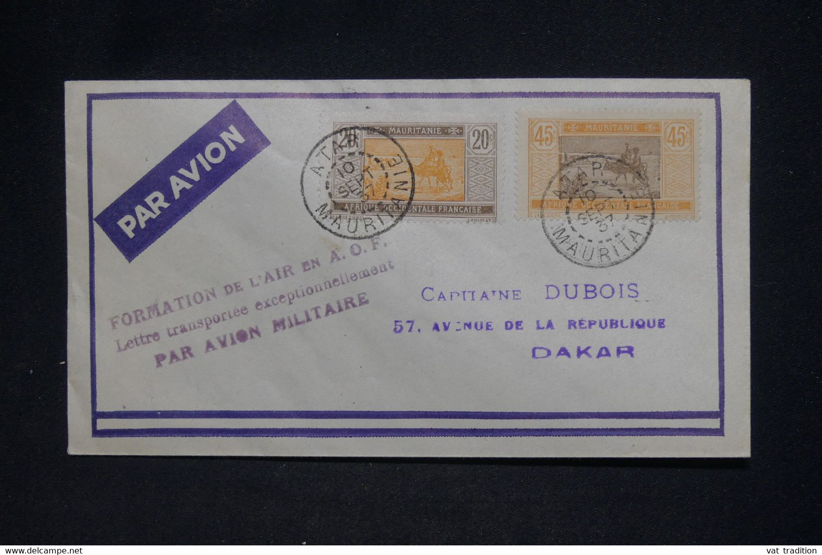 MAURITANIE - Enveloppe Transportée Exceptionnellement Par Avion Militaire, De Atar Pour Dakar En 1937 - L 137116 - Covers & Documents