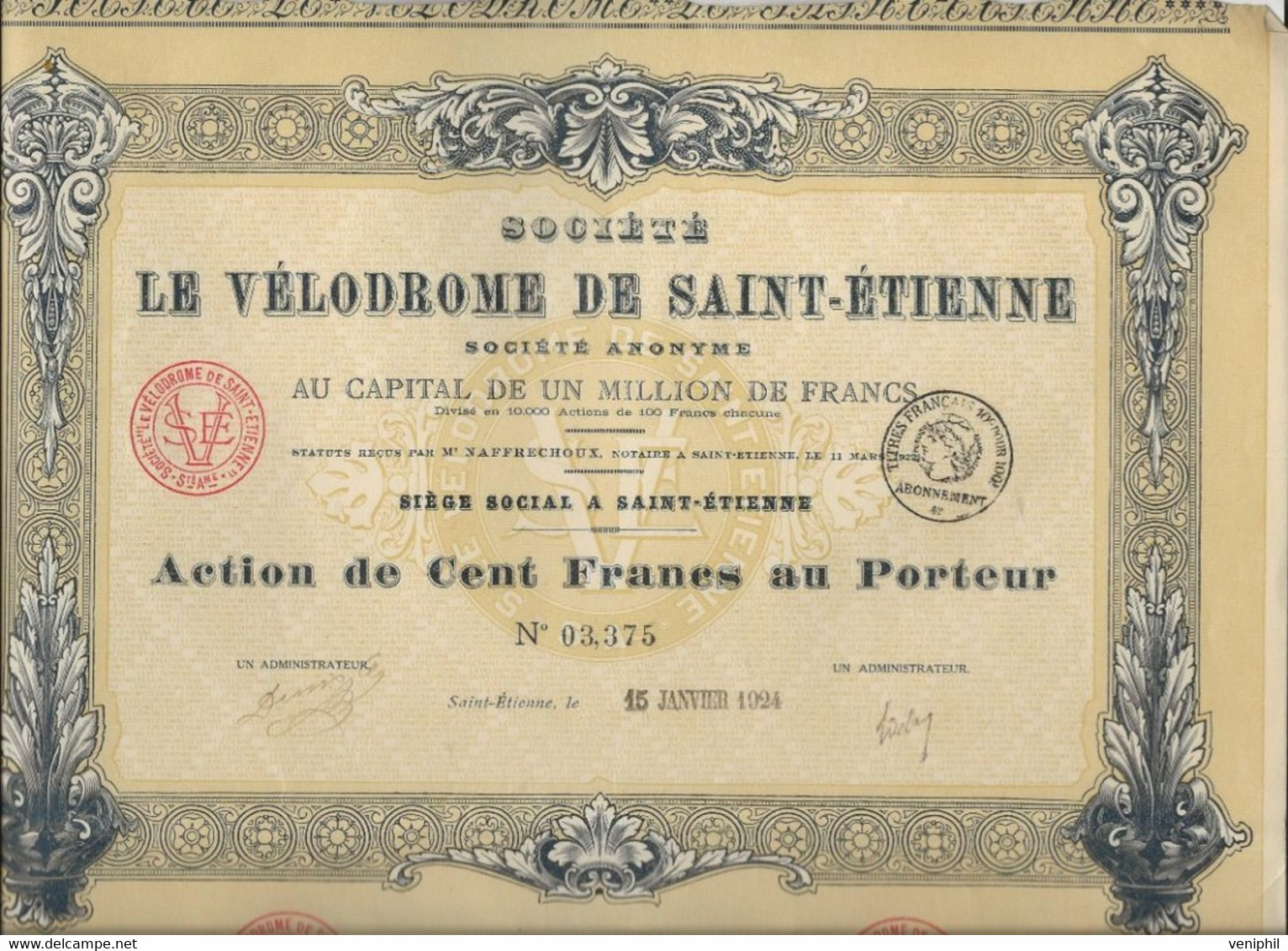 SSOCIETE LE VELODROME DE ST ETIENNE  - ACTION DE CENT FRANCS  -ANNEE 1924 - Sports