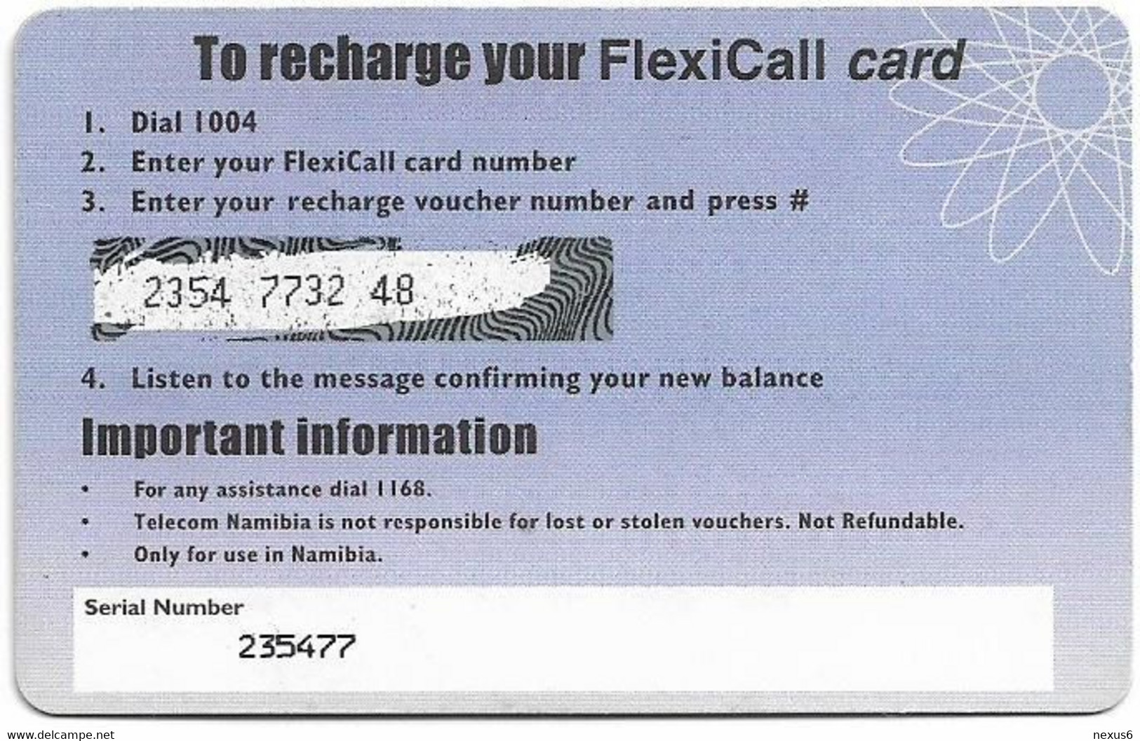 Namibia - Telecom Namibia - FlexiCall Card Rechargeable,  Reverse #1A PIN 4+4+2 Type, 20$ Used - Namibie