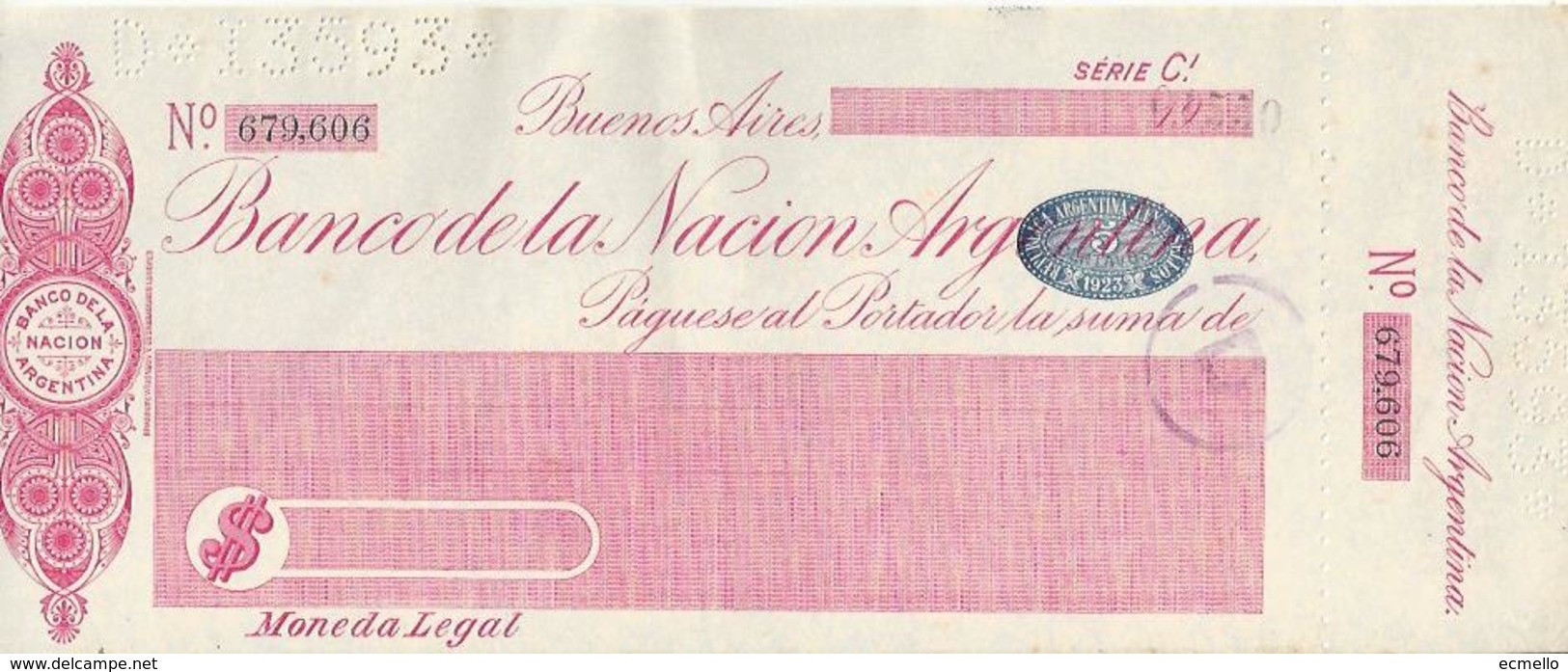 ARGENTINA  CHECK CHEQUE BANCO DE LA NACION 1923 REVENUE LARGE - Chèques & Chèques De Voyage