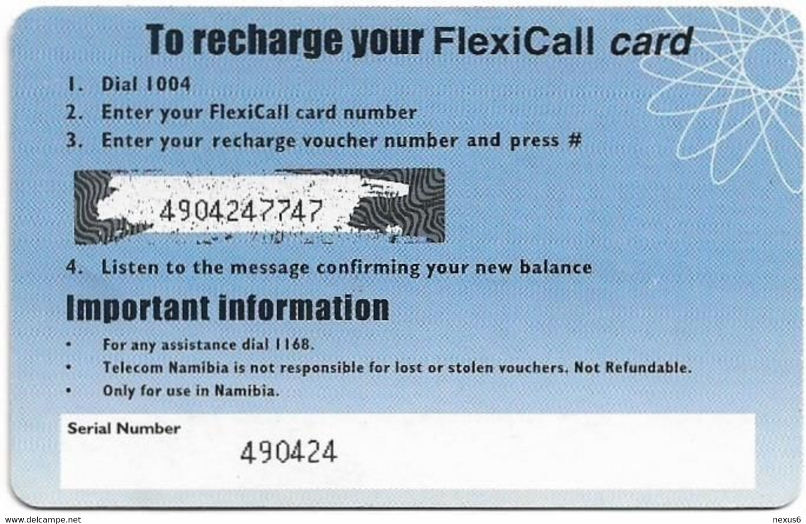 Namibia - Telecom Namibia - FlexiCall Card Rechargeable,  Reverse #1B PIN Consecutive Type, 20$ Used - Namibie