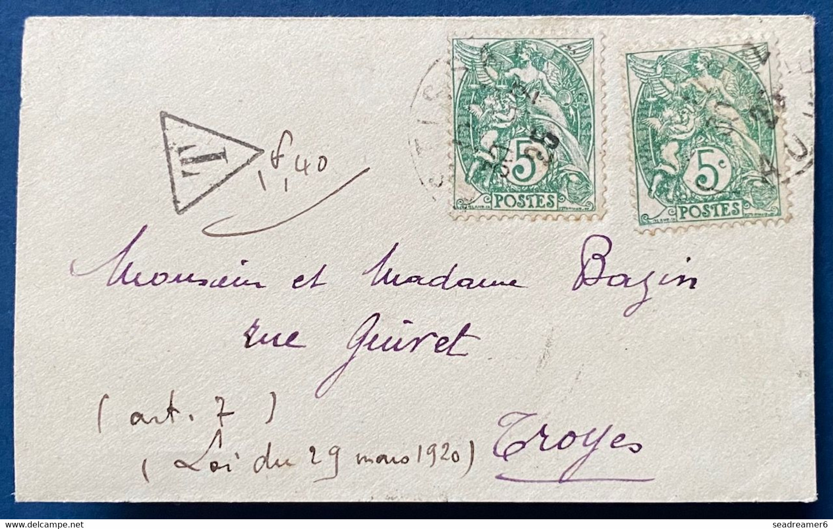 Lettre Type Blanc N°111 5c Vert Tarif Imprimé Papiers D'affaires, Fermé Donc Taxé Forfaitairement à 1fr40 TTB - 1900-29 Blanc