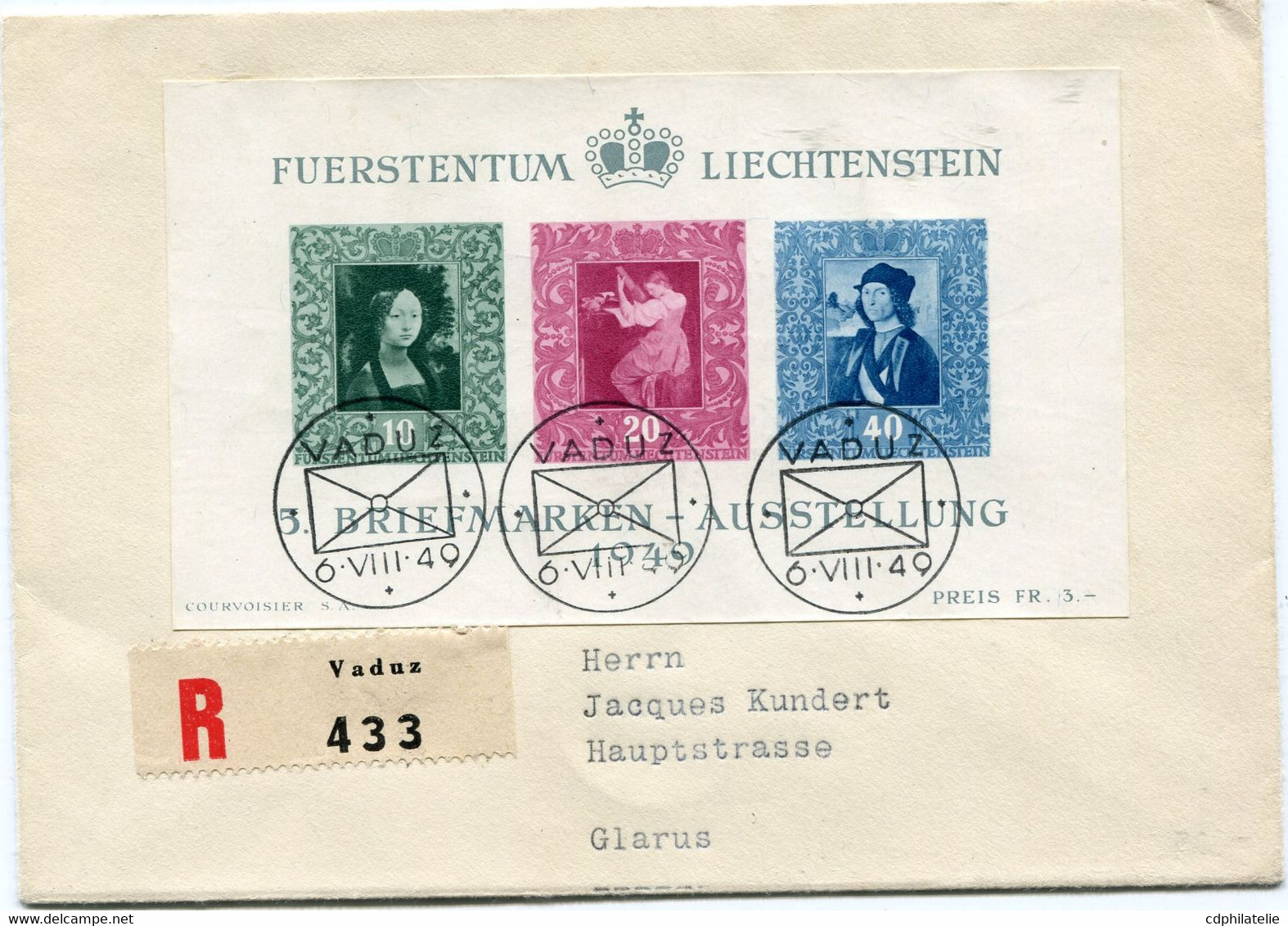 LIECHTENSTEIN LETTRE RECOMMANDEE AFFRANCHIE AVEC LE BF 8 ( THEME PEINTURE ) DEPART VADUZ 6 VIII 49 POUR LA SUISSE - Covers & Documents