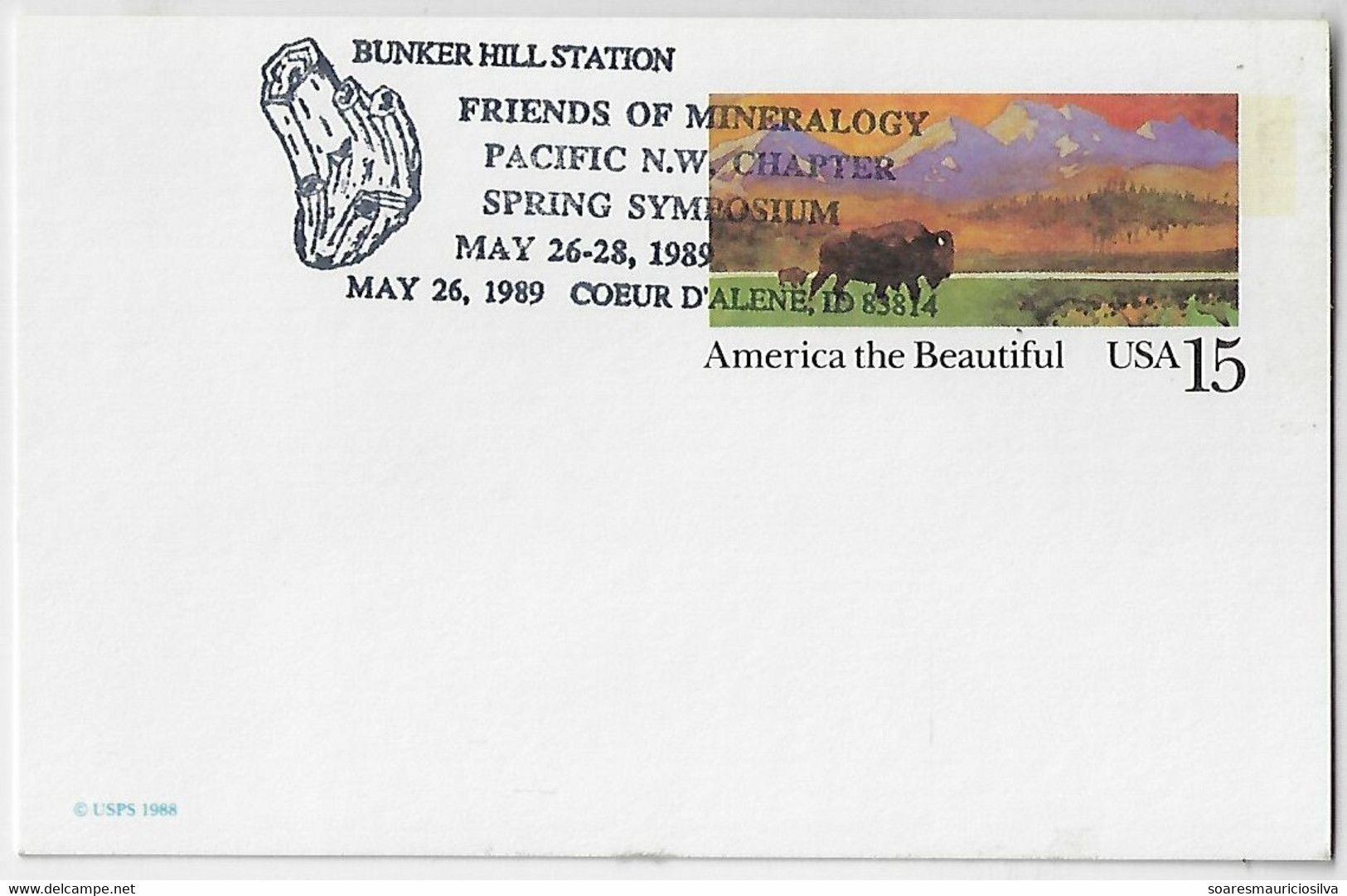 USA 1989 Postal Stationery Card American The Beautiful 15 Cents Cancel Bunker Hill Station Geology Mineral Coeur D'Alene - Minéraux