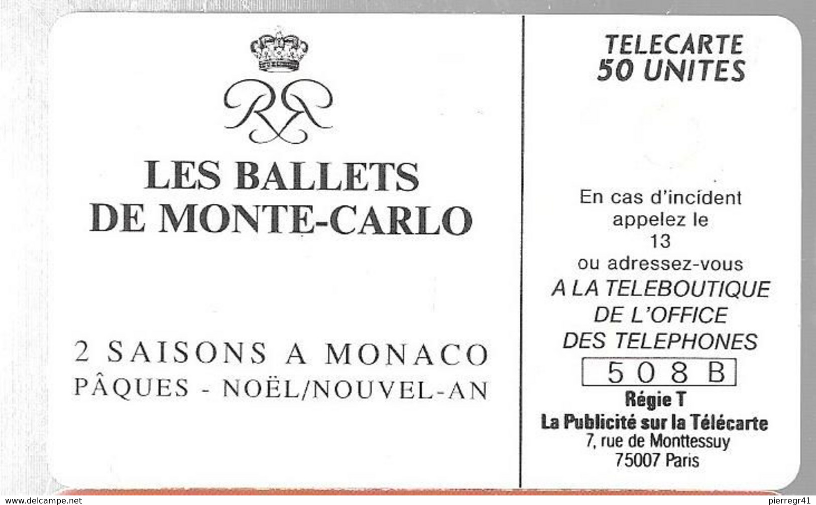 CARTEµ-PUBLICC-MONACO-50U-MF 08--GEMA-Série B-BALLETS De MONTE CARLO--UTILISE-TBE - Monaco