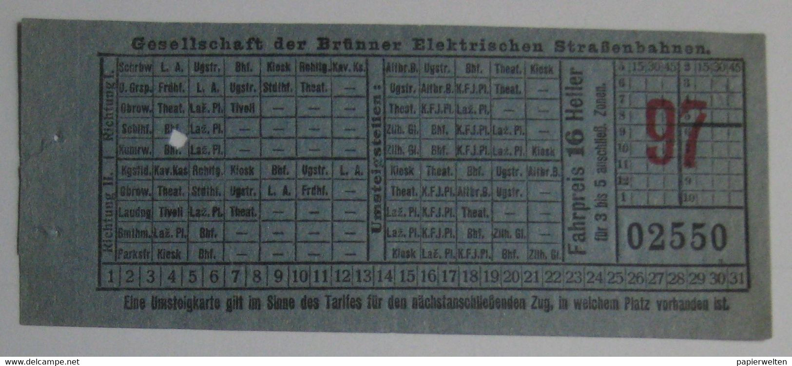 Brünn / Brno - Fahrschein Gesellschaft Der Brünner Elektrischen Straßenbahnen 16 Heller Für 3 Bis 5 Zonen - Europa