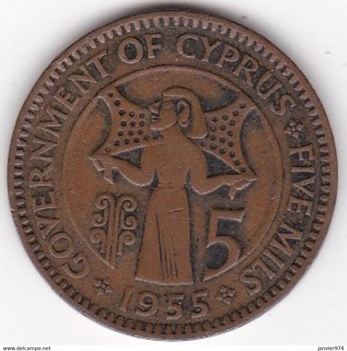 Chypre 5 Mils 1955 Elizabeth II , Bronze, KM# 34 - Zypern