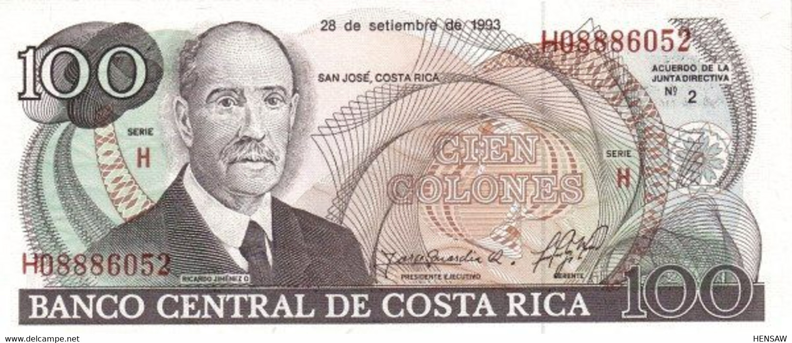 COSTA RICA 100 COLONES 1993 P 261 UNC SC NUEVO - Costa Rica