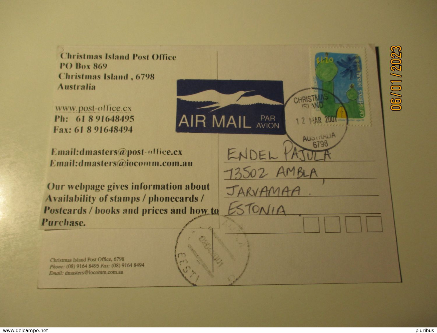 CHRISTMAS ISLAND 2001 AIR MAIL TO ESTONIA , POSTCARD SIGNED ARTIST WARD , CRAB BIRD MOSQUE  , 3-25 - Islas Christmas