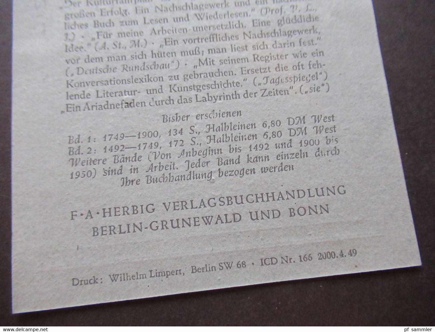 Berlin 1949 Rotaufdruck Nr.22 EF Dekorative Firmenkarte F.A. Herbig Verlagsbuchhandlung Bln Grunewald Kleiner Kulturfahr - Brieven En Documenten