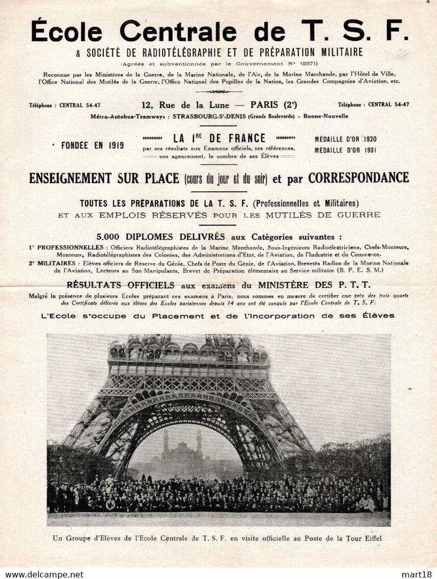 Ecole Centrale De T.S.F. - Radio - Tour Eiffel - Années 1930 - - Andere & Zonder Classificatie