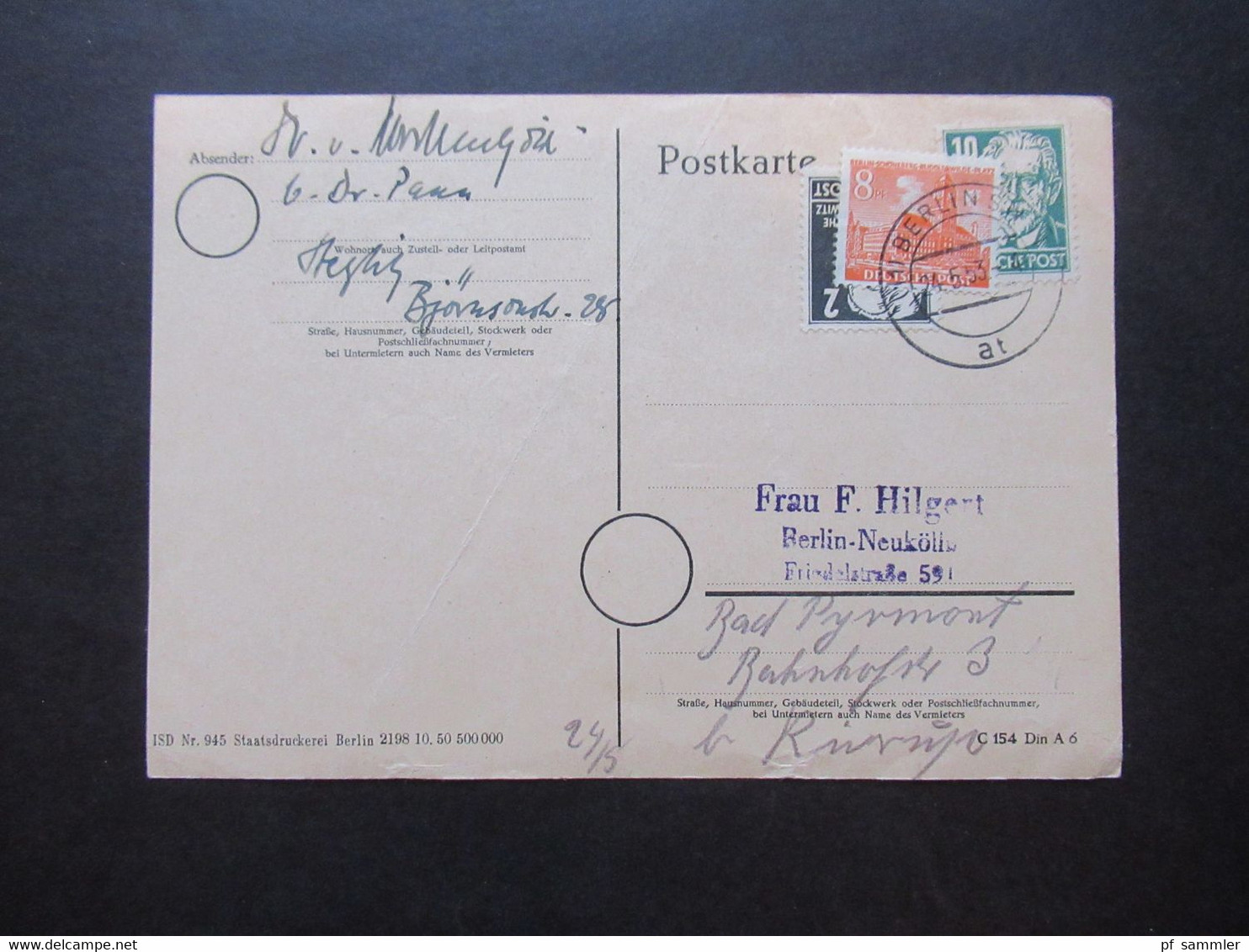 Berlin 1953 Berliner Bauten Nr.46 EF Auf Postkarte / DDR (?) Köpfe Marken überklebt! Fern PK Berlin Neukölln - Bad Pyrmo - Brieven En Documenten