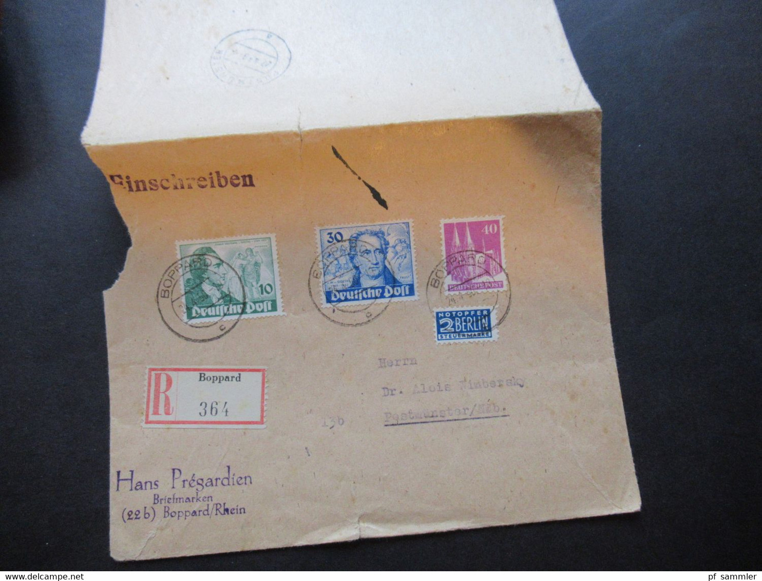 Berlin 1950 Goethe Nr.61 Und 63 MiF Mit Bizone Bauten Nr.90 Einschreiben Verwendung In Der BRD Boppard - Postmünster - Brieven En Documenten