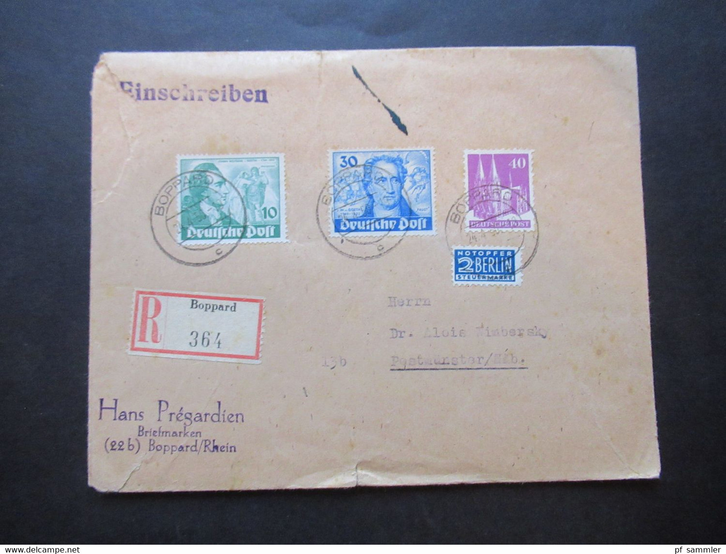 Berlin 1950 Goethe Nr.61 Und 63 MiF Mit Bizone Bauten Nr.90 Einschreiben Verwendung In Der BRD Boppard - Postmünster - Brieven En Documenten