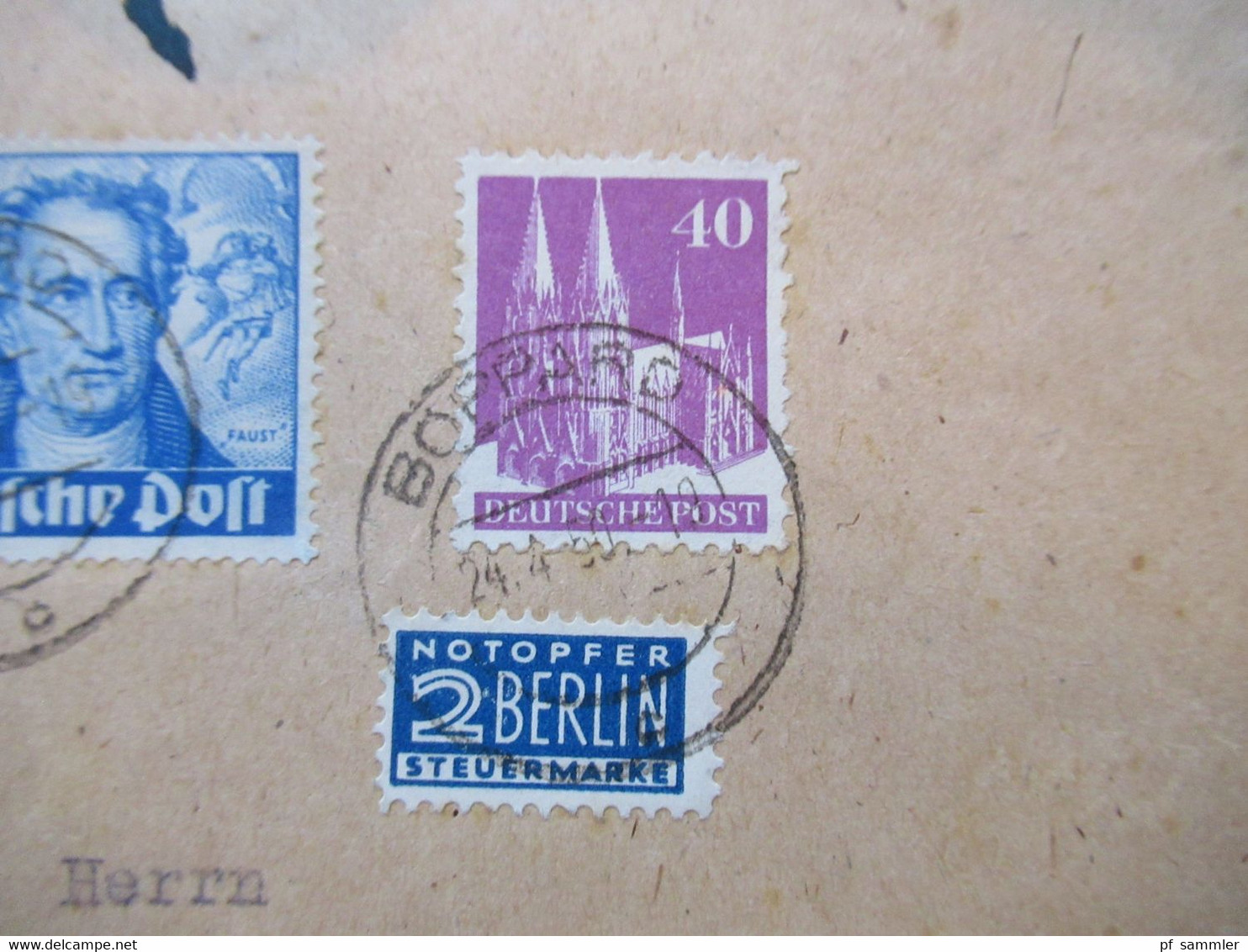 Berlin 1950 Goethe Nr.61 und 63 MiF mit Bizone Bauten Nr.90 Einschreiben Verwendung in der BRD Boppard - Postmünster