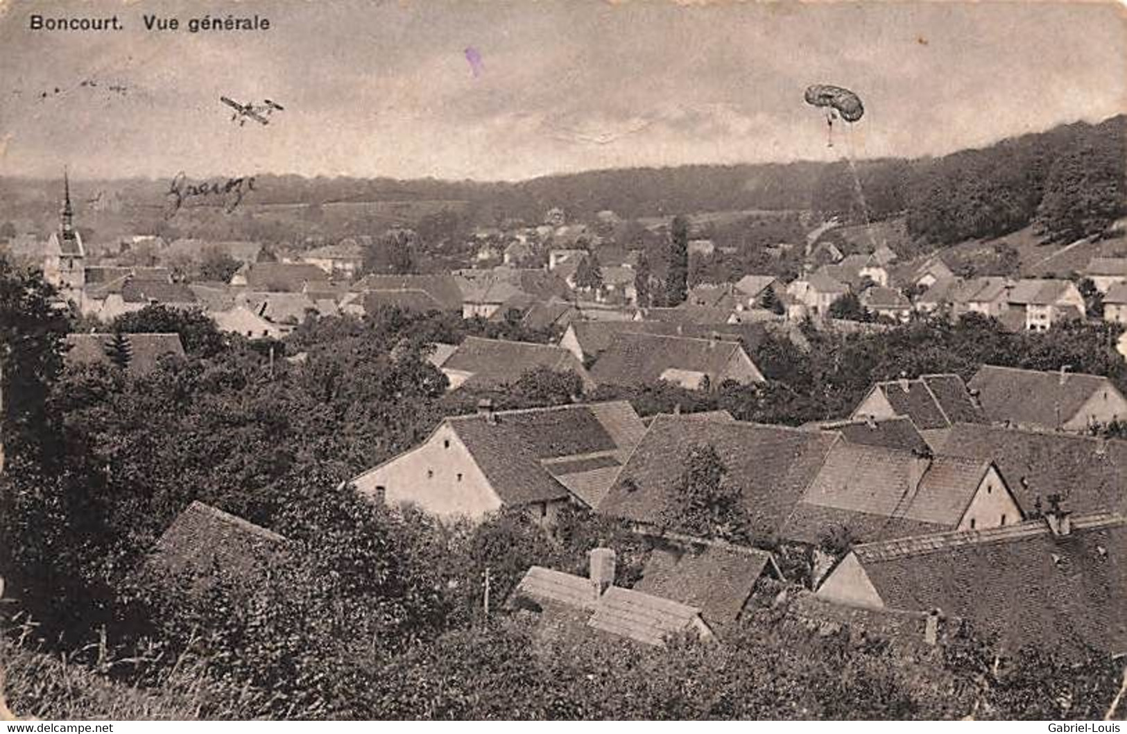 Boncourt Vue Générale Avec Un Ballon Et Un Avion En Lien Avec La Guerre De 1914-18 Carte 1927 - Boncourt