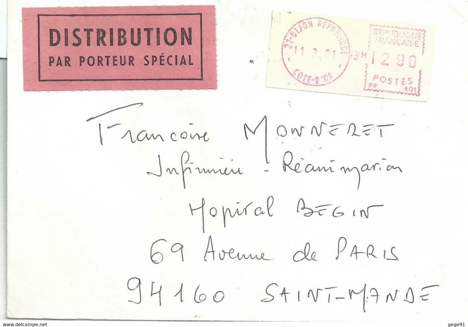 Vignette D'affranchissement De Guichet Camp - Dijon République - Distribution Par Porteur Spécial - 1969 Montgeron – Wit Papier – Frama/Satas