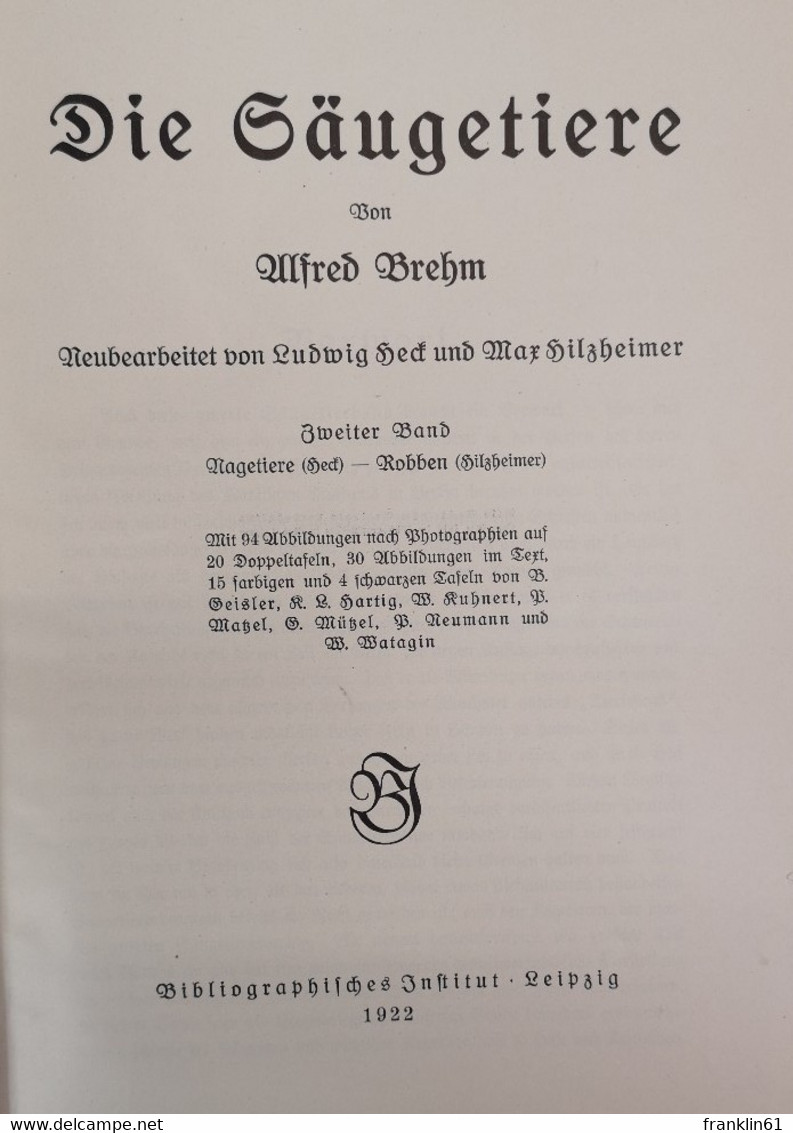 Brehms Tierleben. Die Säugetiere. Zweiter Band. Nagetiere - Robben. - Lexiques