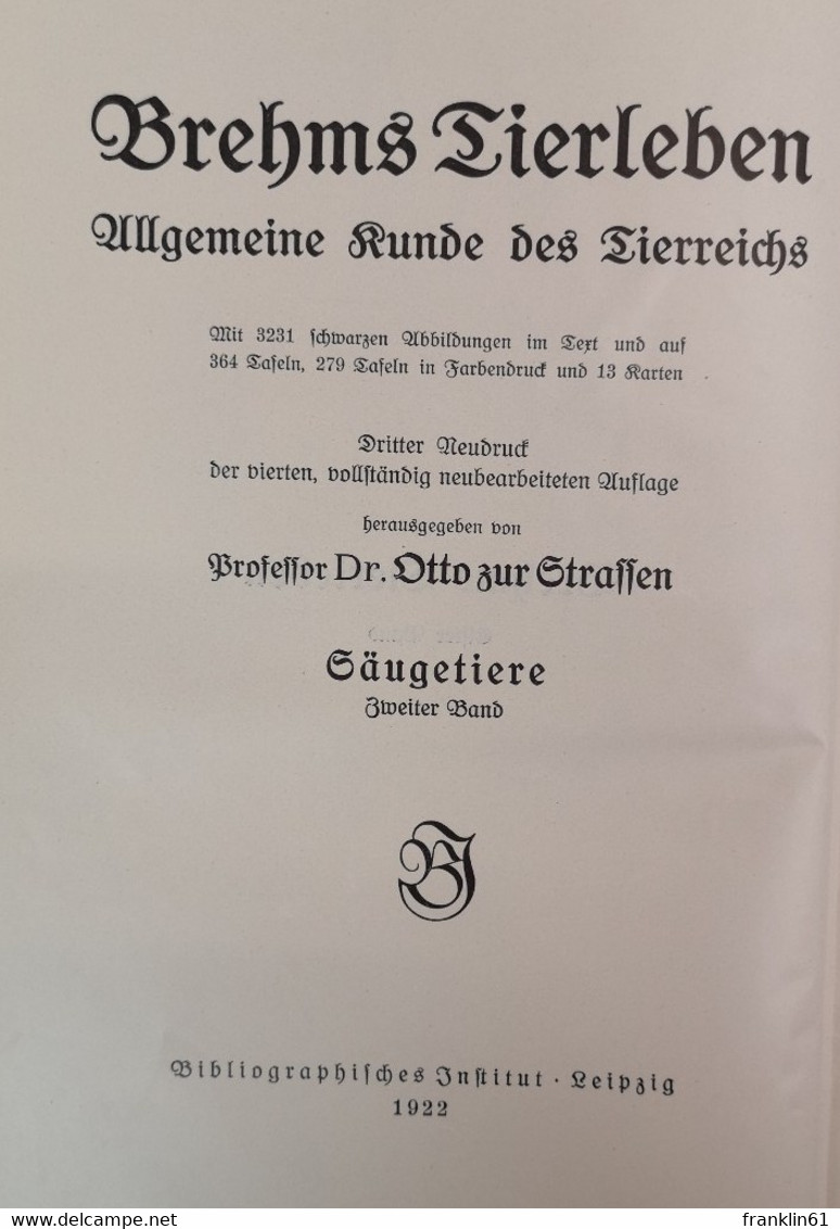 Brehms Tierleben. Die Säugetiere. Zweiter Band. Nagetiere - Robben. - Lessico