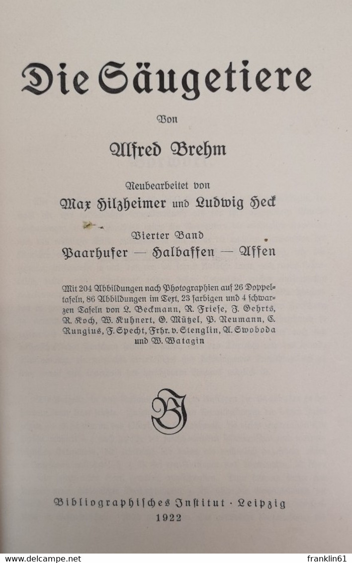 Brehms Tierleben. Die Säugetiere. Vierter Band. Paarhufer - Halbaffen - Affen. - Léxicos