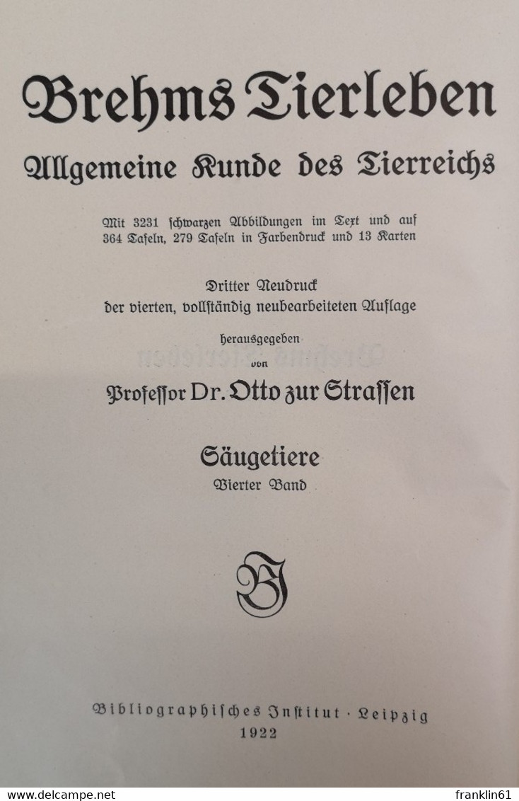 Brehms Tierleben. Die Säugetiere. Vierter Band. Paarhufer - Halbaffen - Affen. - Lexiques